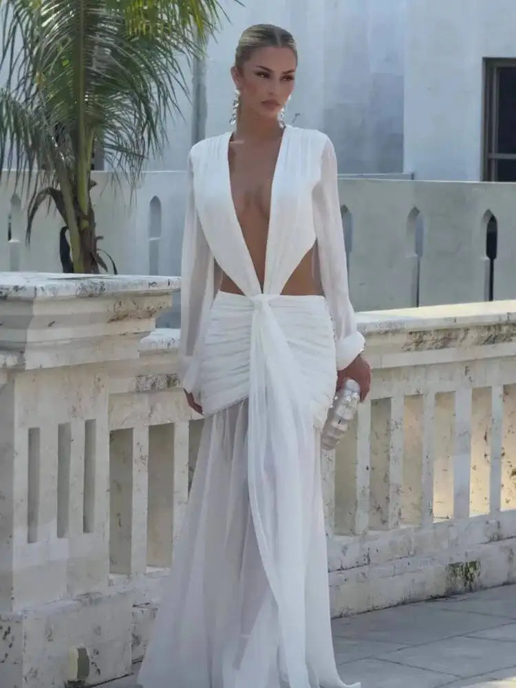 Avrilyaan Deep V Hollow Chiffon Backless Sexy Party Dress Women 2025 Spring Summer Dress Nightclub Bodycon Maxi Long Dresses