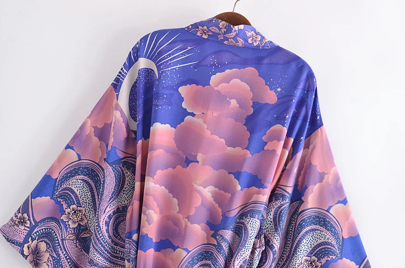Boho Queens Women Star and Moon Floral Print Bat Sleeve Beach Bohemian Kimono Dresses Robe Ladies Summer Bikini Cover-ups