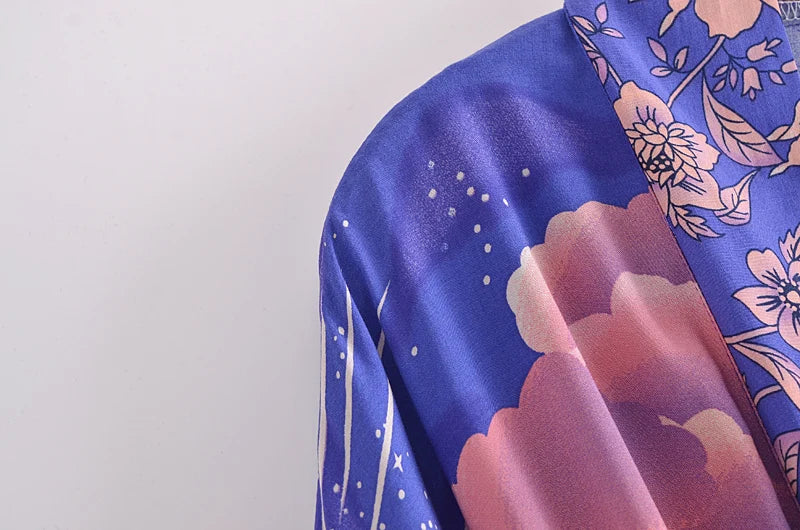 Boho Queens Women Star and Moon Floral Print Bat Sleeve Beach Bohemian Kimono Dresses Robe Ladies Summer Bikini Cover-ups