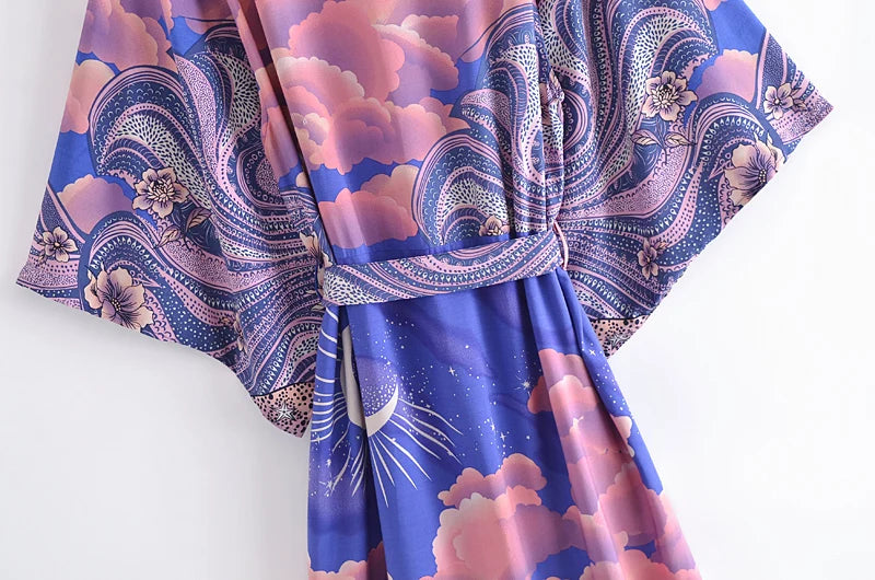 Boho Queens Women Star and Moon Floral Print Bat Sleeve Beach Bohemian Kimono Dresses Robe Ladies Summer Bikini Cover-ups