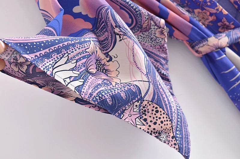 Boho Queens Women Star and Moon Floral Print Bat Sleeve Beach Bohemian Kimono Dresses Robe Ladies Summer Bikini Cover-ups