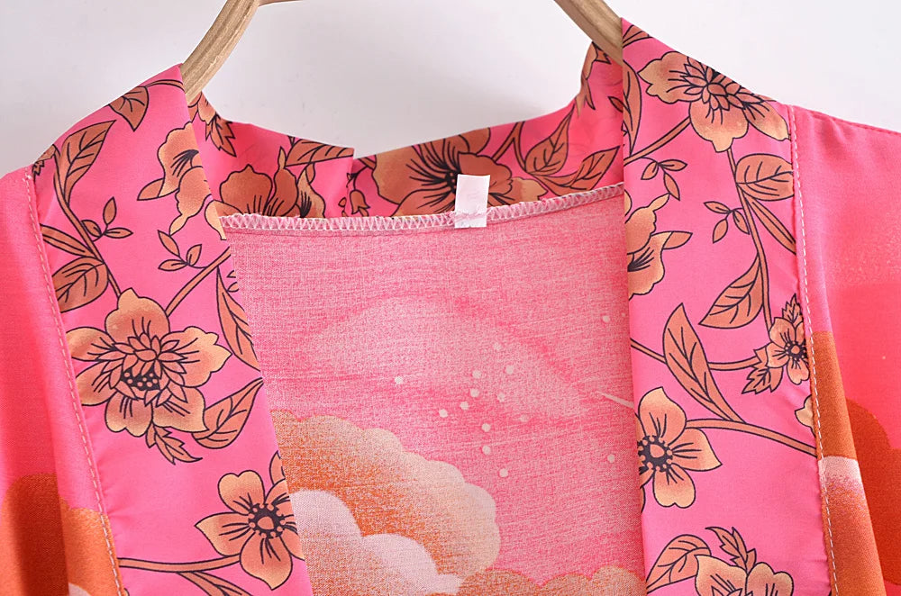 Boho Queens Women Star and Moon Floral Print Bat Sleeve Beach Bohemian Kimono Dresses Robe Ladies Summer Bikini Cover-ups