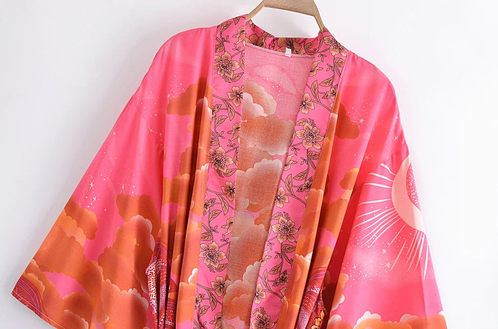 Boho Queens Women Star and Moon Floral Print Bat Sleeve Beach Bohemian Kimono Dresses Robe Ladies Summer Bikini Cover-ups
