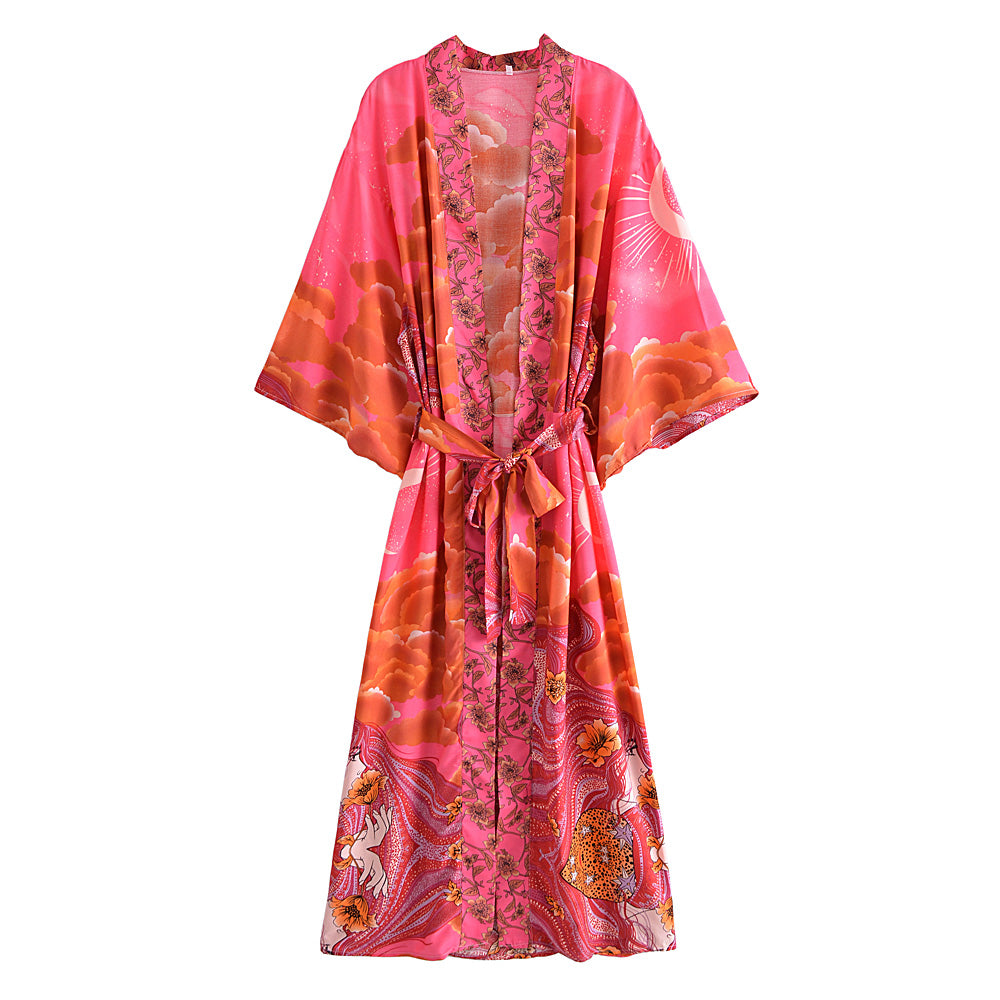 Boho Queens Women Star and Moon Floral Print Bat Sleeve Beach Bohemian Kimono Dresses Robe Ladies Summer Bikini Cover-ups