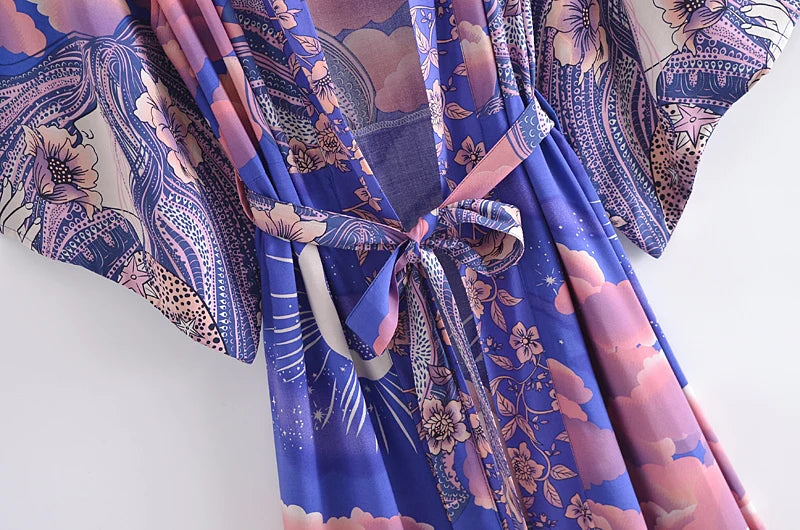Boho Queens Women Star and Moon Floral Print Bat Sleeve Beach Bohemian Kimono Dresses Robe Ladies Summer Bikini Cover-ups