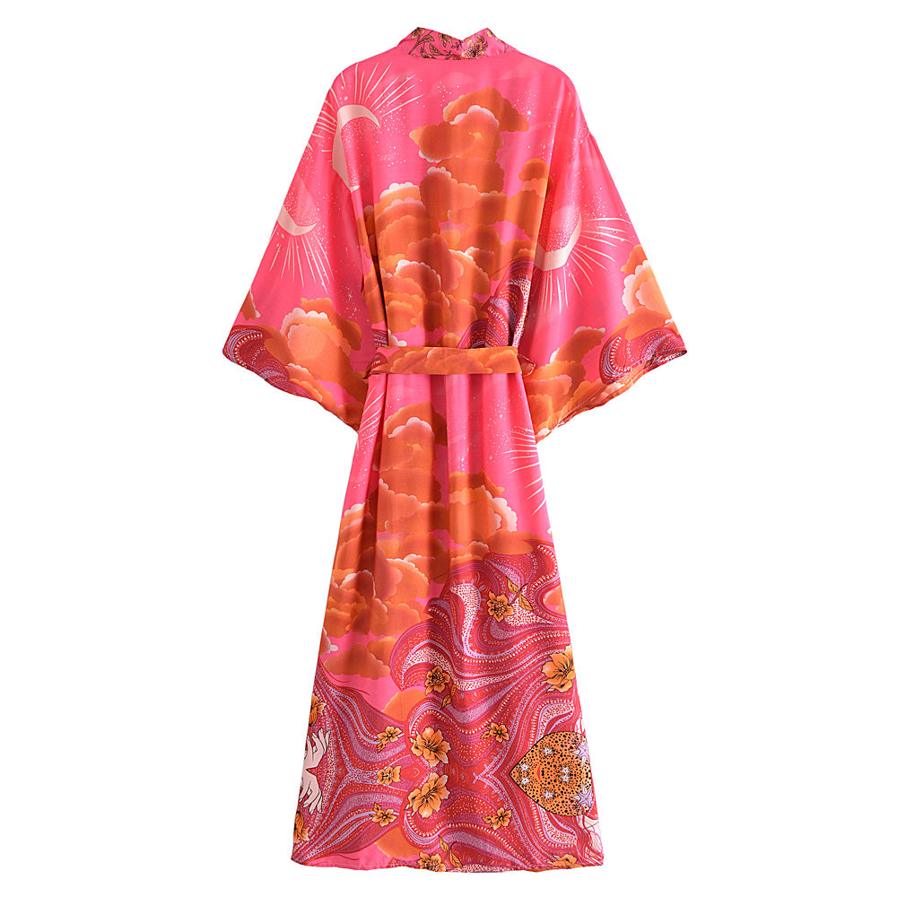 Boho Queens Women Star and Moon Floral Print Bat Sleeve Beach Bohemian Kimono Dresses Robe Ladies Summer Bikini Cover-ups