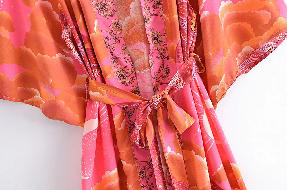Boho Queens Women Star and Moon Floral Print Bat Sleeve Beach Bohemian Kimono Dresses Robe Ladies Summer Bikini Cover-ups