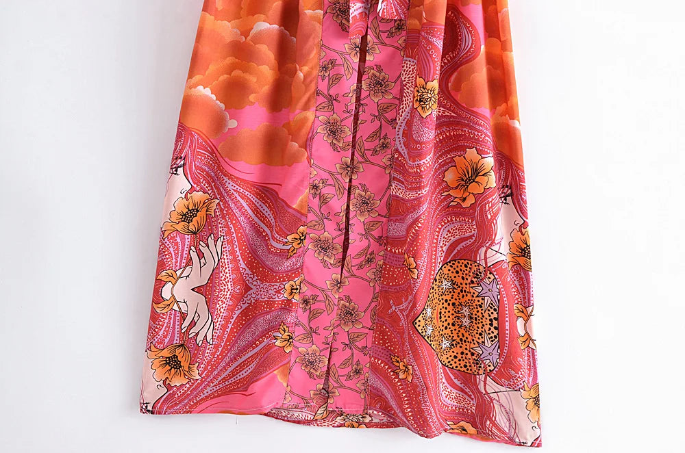 Boho Queens Women Star and Moon Floral Print Bat Sleeve Beach Bohemian Kimono Dresses Robe Ladies Summer Bikini Cover-ups