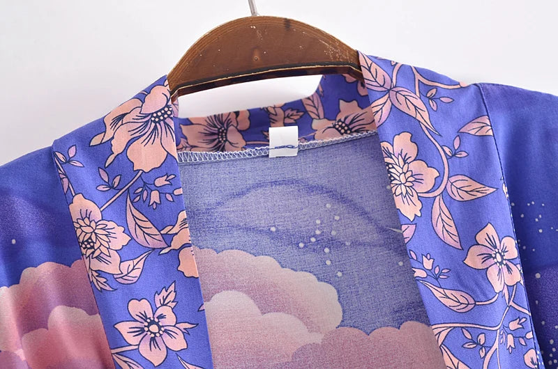Boho Queens Women Star and Moon Floral Print Bat Sleeve Beach Bohemian Kimono Dresses Robe Ladies Summer Bikini Cover-ups