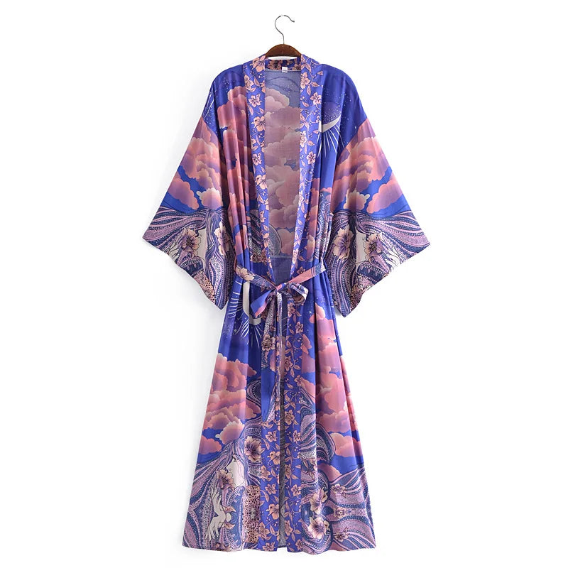 Boho Queens Women Star and Moon Floral Print Bat Sleeve Beach Bohemian Kimono Dresses Robe Ladies Summer Bikini Cover-ups