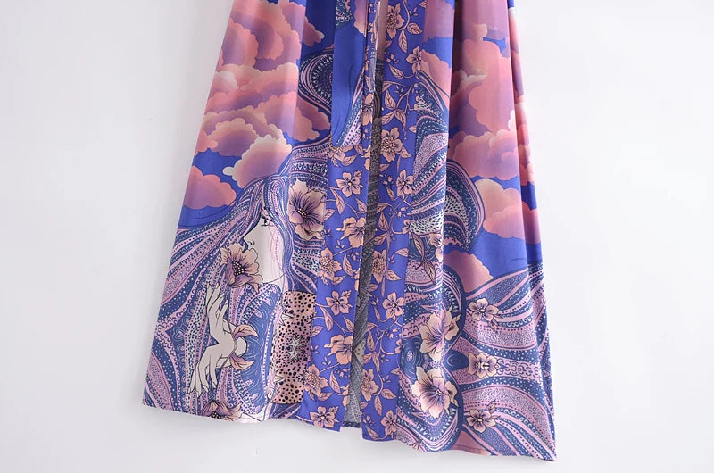 Boho Queens Women Star and Moon Floral Print Bat Sleeve Beach Bohemian Kimono Dresses Robe Ladies Summer Bikini Cover-ups