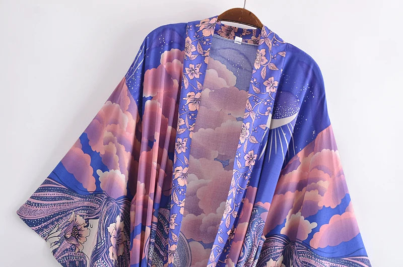 Boho Queens Women Star and Moon Floral Print Bat Sleeve Beach Bohemian Kimono Dresses Robe Ladies Summer Bikini Cover-ups