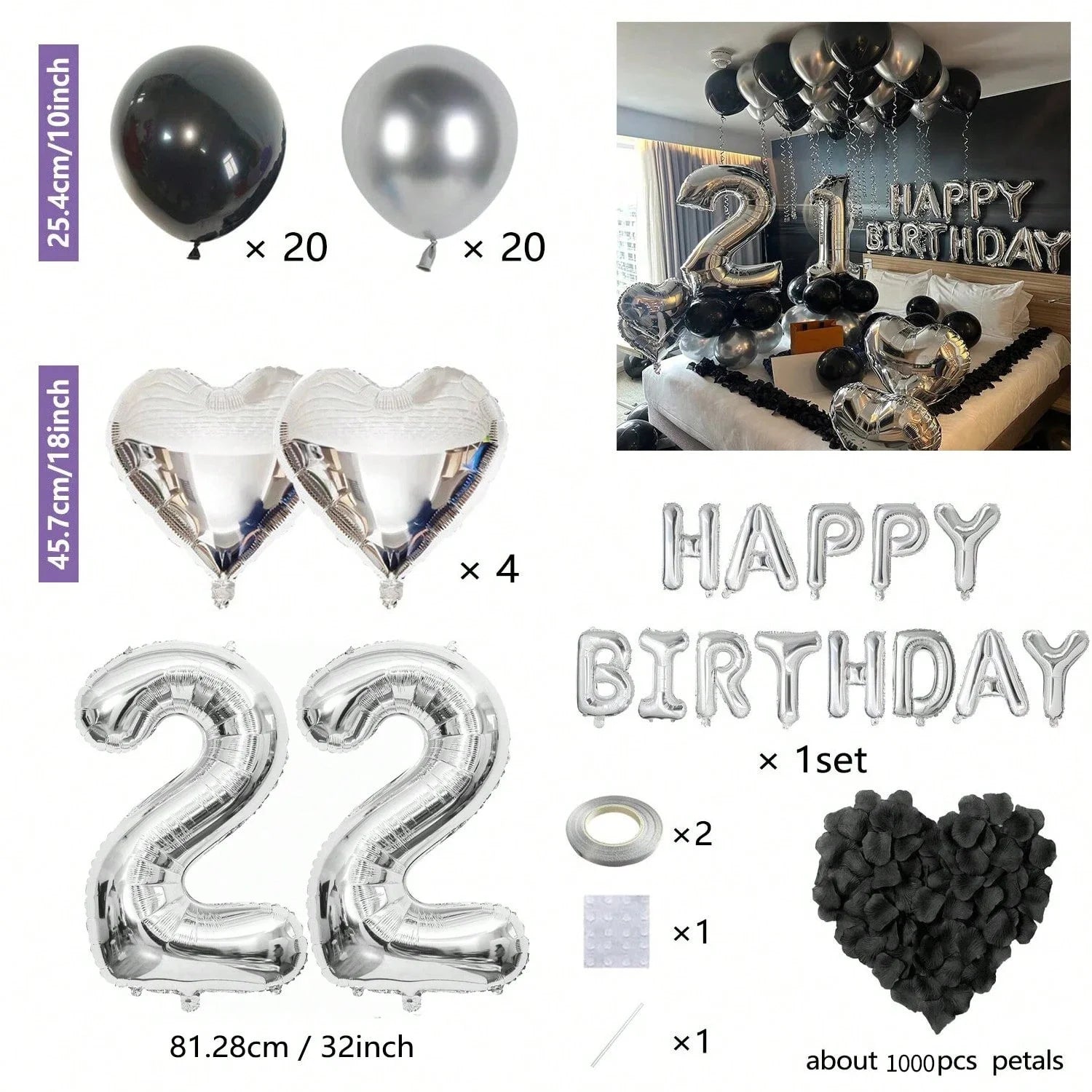 1050pcs Black & Silver Party Balloons Decorations with Silver Happy Birthday Banner Chrome Silver Balloons for kids and adults