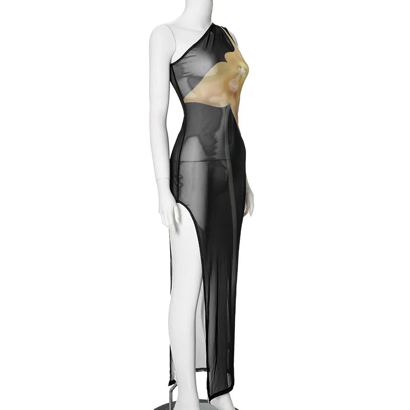 Mesh See Through Y2K Print Bodycon Sexy Party Club Maxi Split Dress Women Summer One Shoulder Backless Beach Long Dresses Outfit