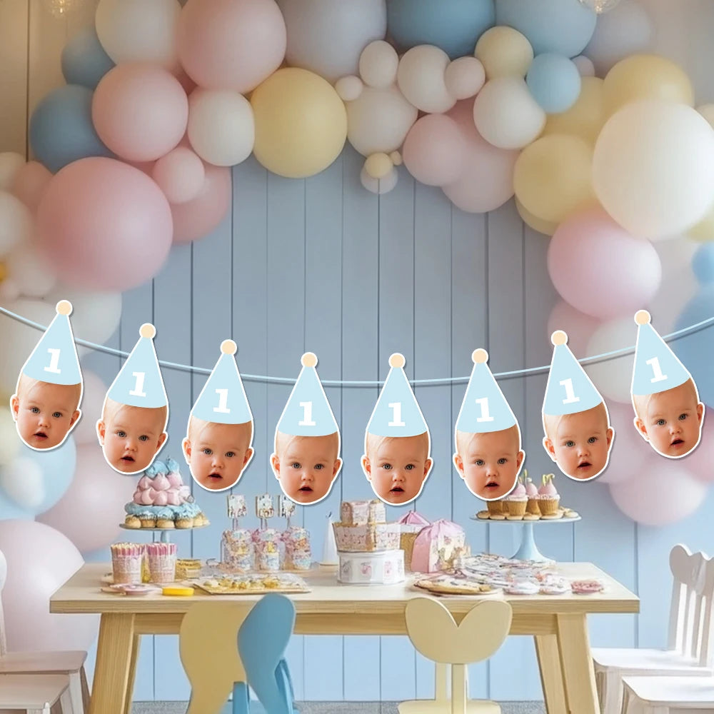 Custom Birthday Party Face Photo Banner with Age Numbers Birthday Hat Pattern Garland Kids 1st Birthday Party Baby Shower Decor