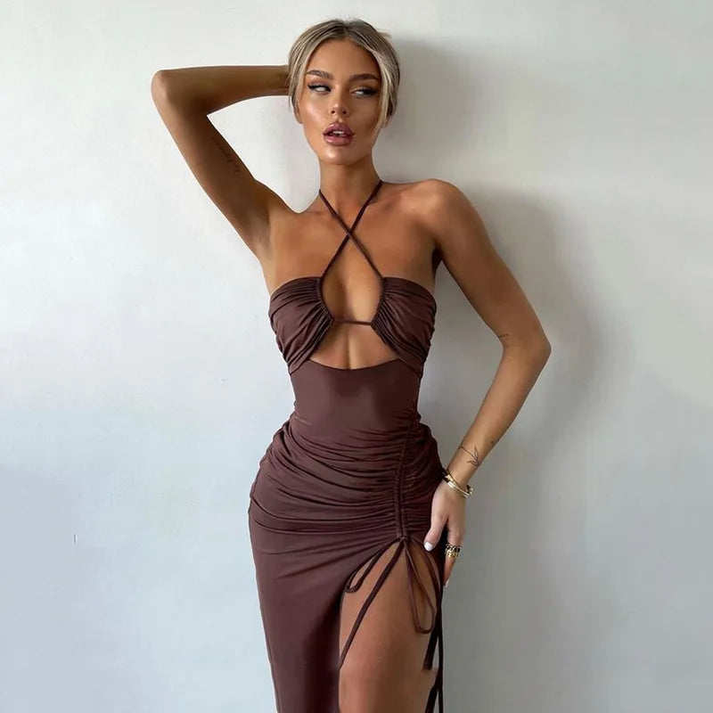Cryptographic Hot Summer Sexy Halter Backless Sleeveless Cut Out Maxi Dress for Women Elegant Club Party Slit Dresses Vestido