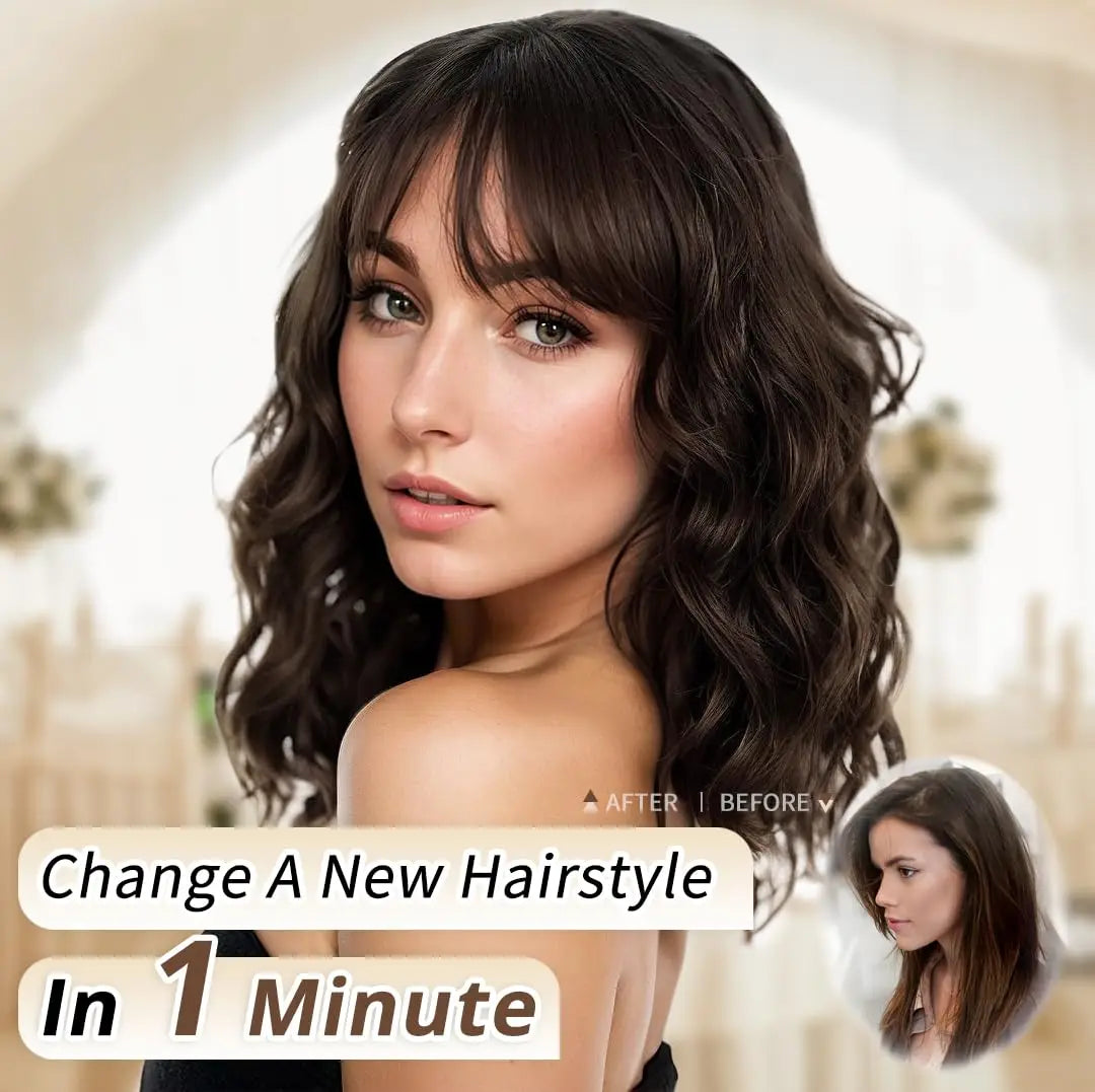 HAIR Natural Brown Synthetic Curly Wavy Bob Wig with Bangs for Women