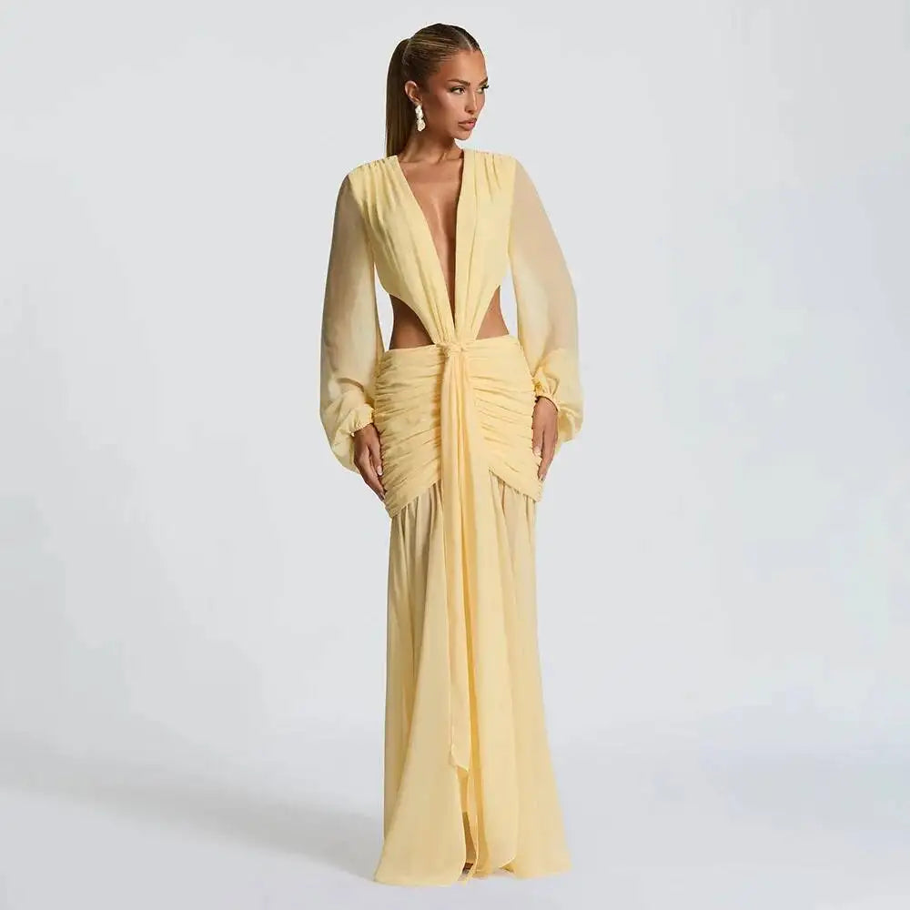 Avrilyaan  Deep V Hollow Chiffon Backless Sexy Party Dress Women 2025 Spring Summer Dress Nightclub Bodycon Maxi Long Dresses