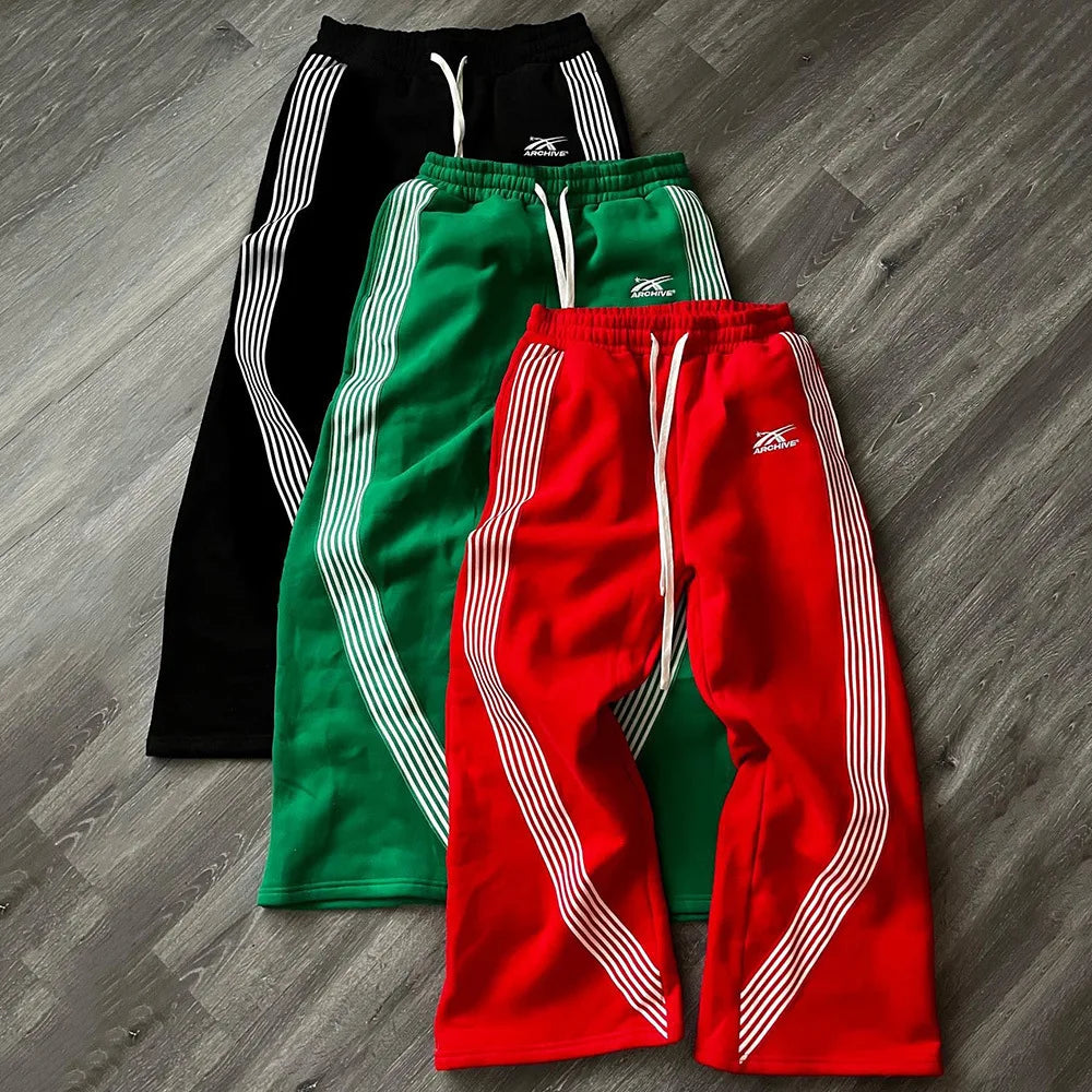 Men's Casual Striped Loose Wide Leg Pants Drawstring Straight Leg Sport Trousers Autumn Winter Fashion City Youth Polyester