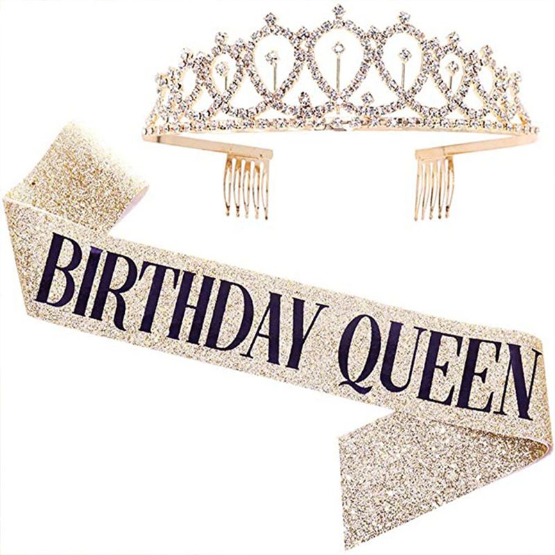 Bling Rhinestone Crystal Crown Birthday Anniversary Decoration Happy Birthday Queen Satin Sash Party Supplies