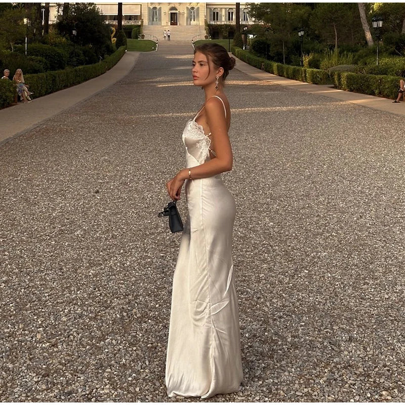 Lace Patchwork Sling Maxi Dress Women Sexy Solid V-neck Sleeveless Backless Satin Slim Long Gown Lady Chic Evening Party Dresses