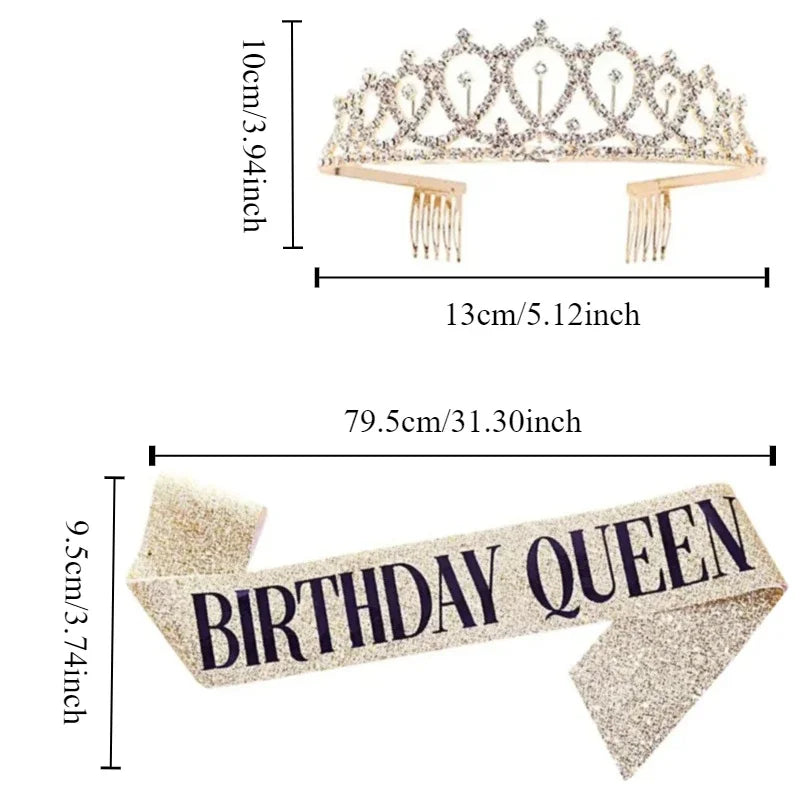 Bling Rhinestone Crystal Crown Birthday Anniversary Decoration Happy Birthday Queen Satin Sash Party Supplies