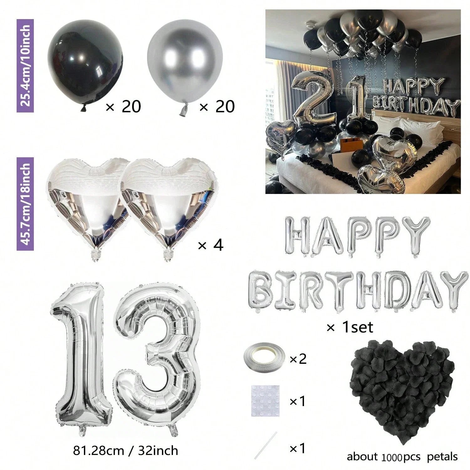 1050pcs Black & Silver Party Balloons Decorations with Silver Happy Birthday Banner Chrome Silver Balloons for kids and adults