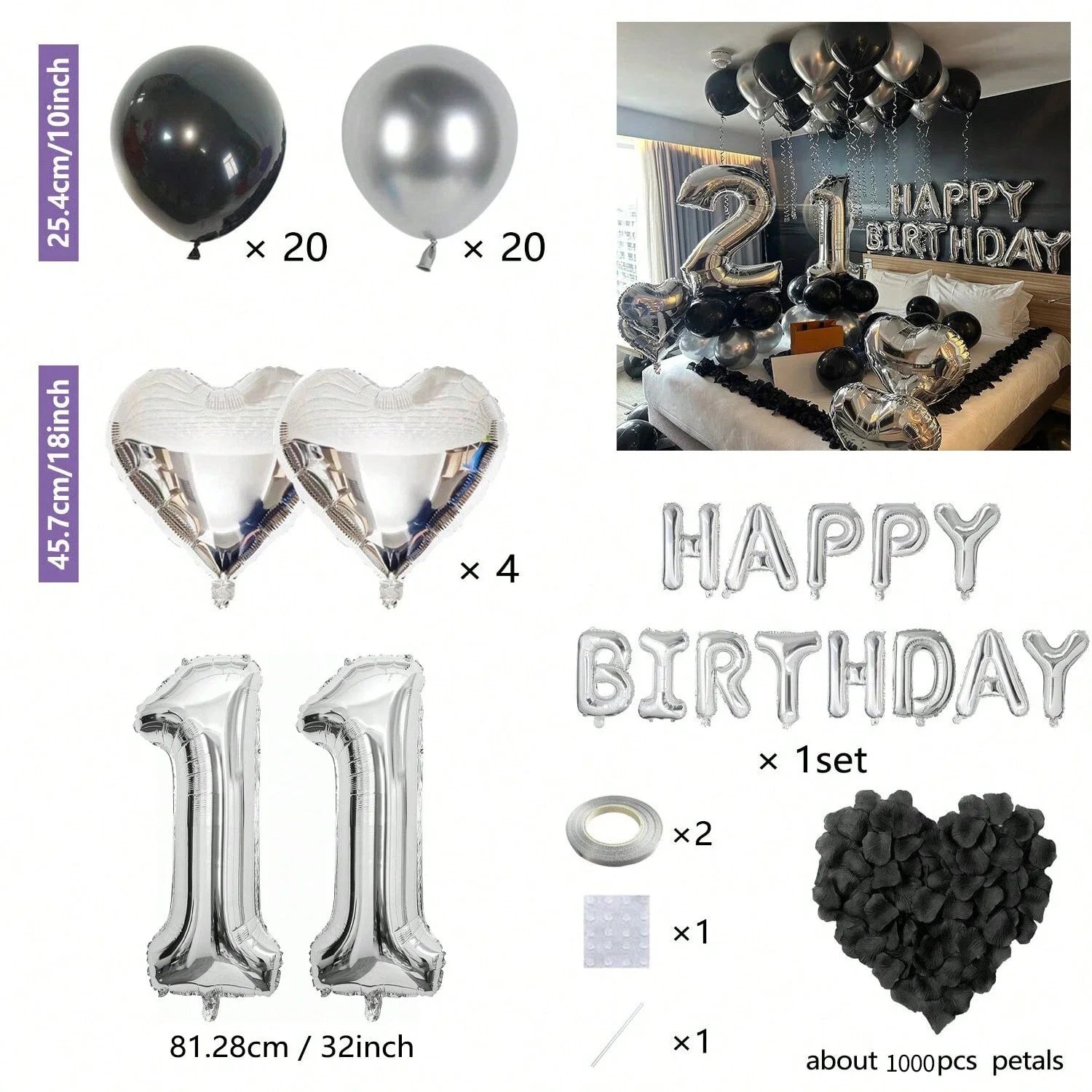 1050pcs Black & Silver Party Balloons Decorations with Silver Happy Birthday Banner Chrome Silver Balloons for kids and adults