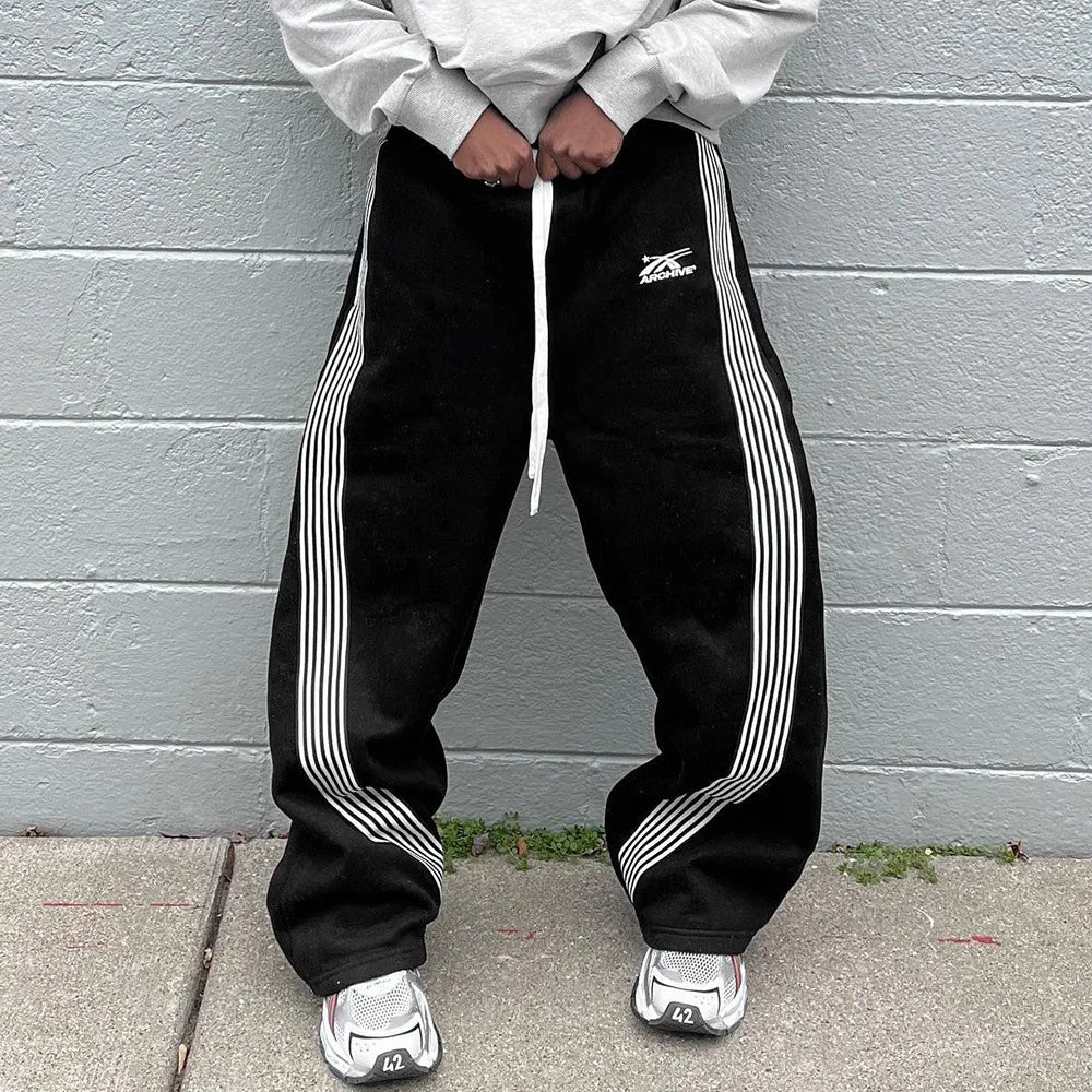 Men's Casual Striped Loose Wide Leg Pants Drawstring Straight Leg Sport Trousers Autumn Winter Fashion City Youth Polyester