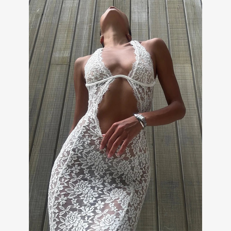White Lace Hollow Out Halter Long Dress Women Sexy Sleeveless Off Shoulder Slim Maxi Dresses 2026 Lady Holiday Beach Vestidos