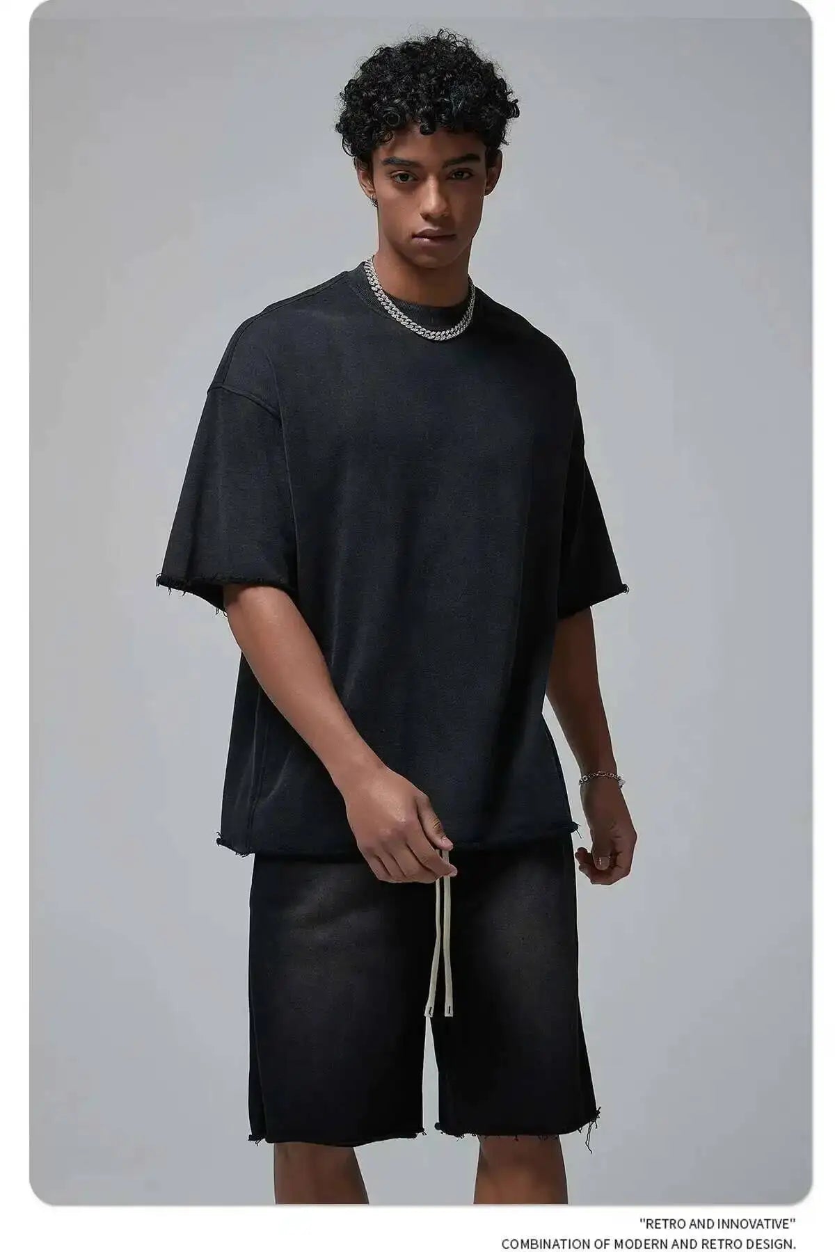 IEFB Spray Dye Washed Male Two-piece Set Light Brushed Short Sleeve T-shirt Elastic Waist Shorts Couple New Fashion Suit