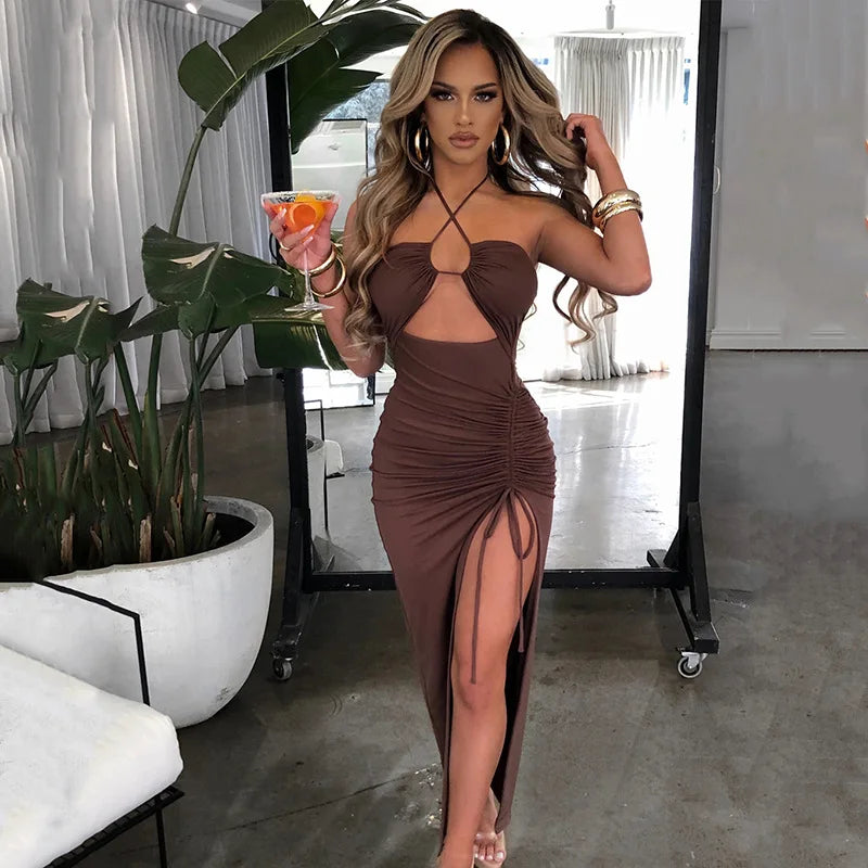 Cryptographic Hot Summer Sexy Halter Backless Sleeveless Cut Out Maxi Dress for Women Elegant Club Party Slit Dresses Vestido