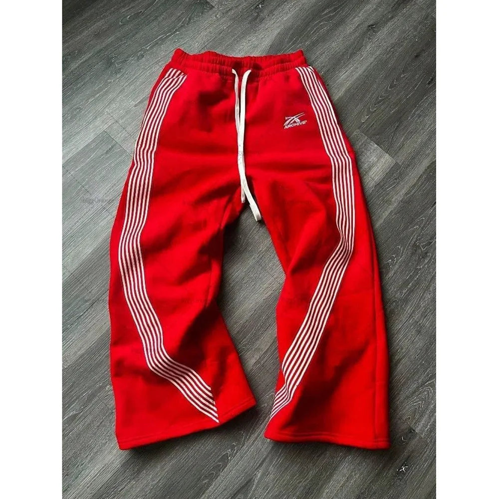 Men's Casual Striped Loose Wide Leg Pants Drawstring Straight Leg Sport Trousers Autumn Winter Fashion City Youth Polyester