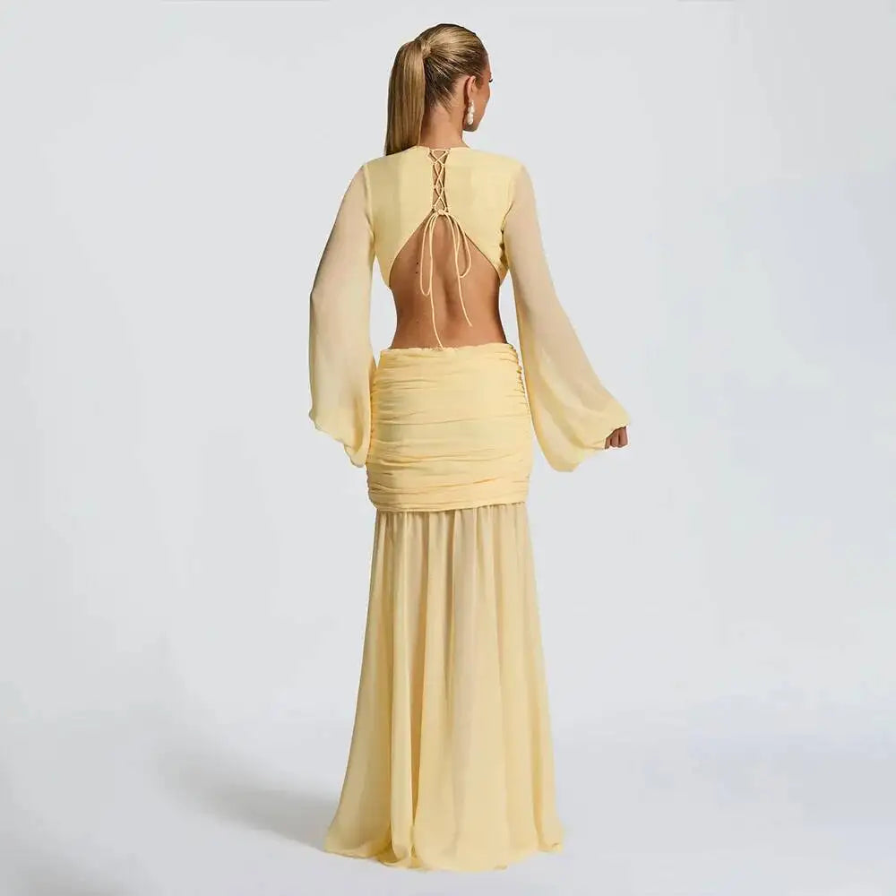 Avrilyaan  Deep V Hollow Chiffon Backless Sexy Party Dress Women 2025 Spring Summer Dress Nightclub Bodycon Maxi Long Dresses