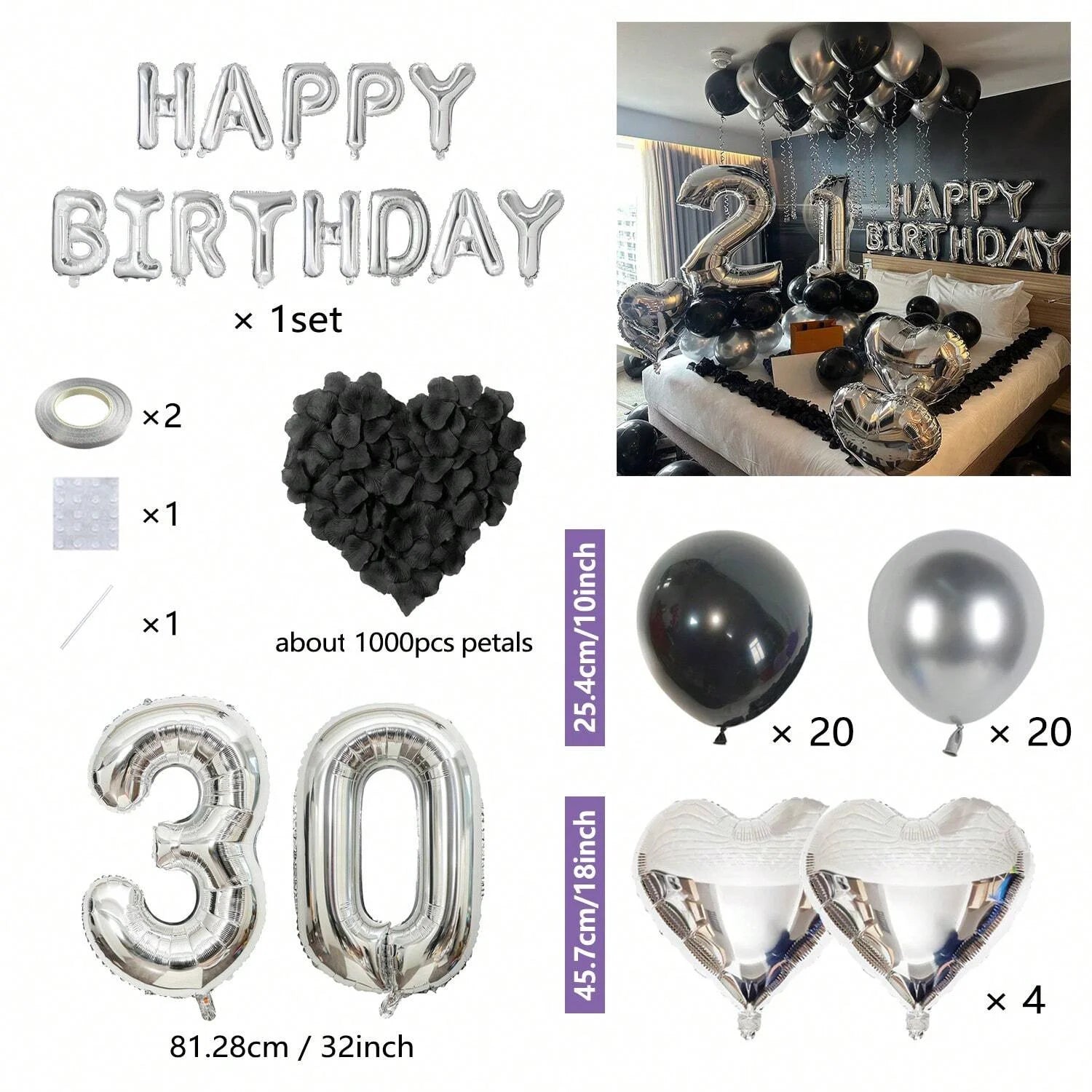 1050pcs Black & Silver Party Balloons Decorations with Silver Happy Birthday Banner Chrome Silver Balloons for kids and adults
