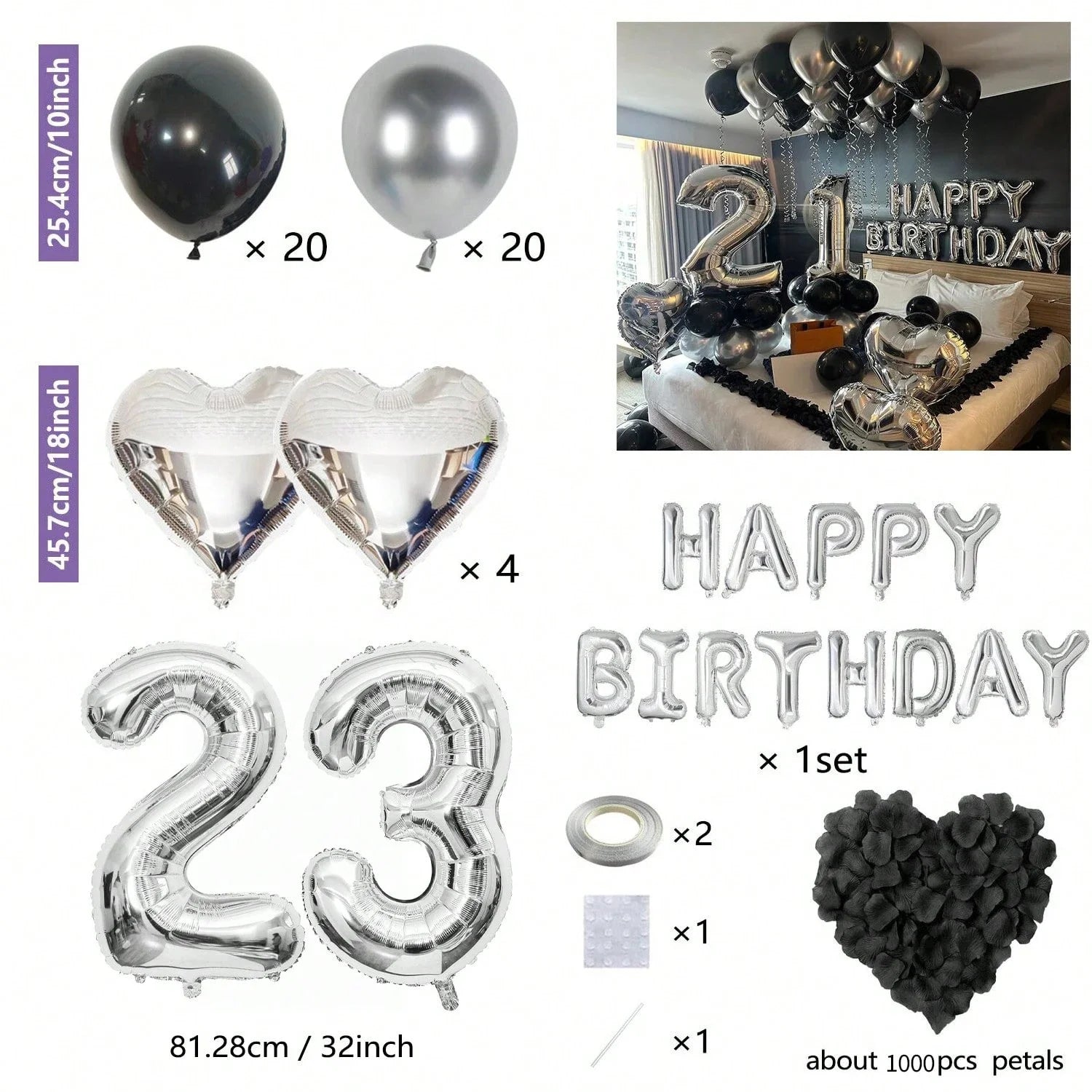 1050pcs Black & Silver Party Balloons Decorations with Silver Happy Birthday Banner Chrome Silver Balloons for kids and adults