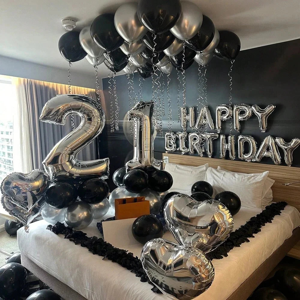 1050pcs Black & Silver Party Balloons Decorations with Silver Happy Birthday Banner Chrome Silver Balloons for kids and adults