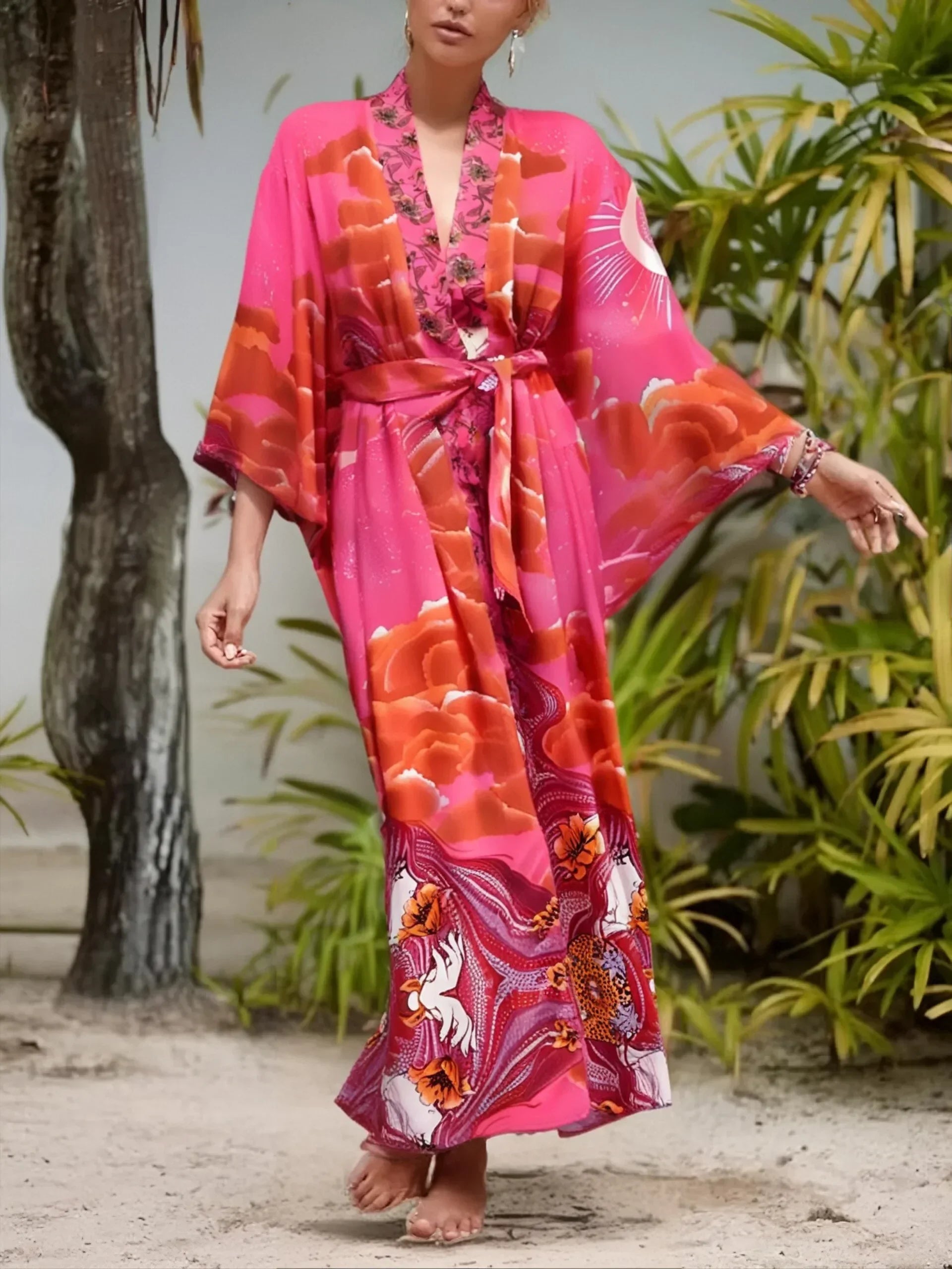 Boho Queens Women Star and Moon Floral Print Bat Sleeve Beach Bohemian Kimono Dresses Robe Ladies Summer Bikini Cover-ups