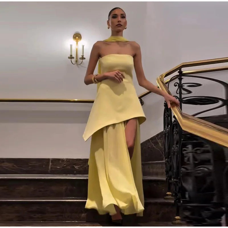 Elegant Strapless Long Dress Women Sexy Patchwork Mesh Sleeveless Sacrf Vestidos Female 2025 Spring Split Evening Dresses Lady