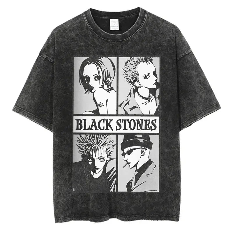 Japanese Anime Nana Osaki Print Vintage Washed Tshirt Harajuku Streetwear Graphic T-Shirt Summer Short Sleeve Cotton Tshirt