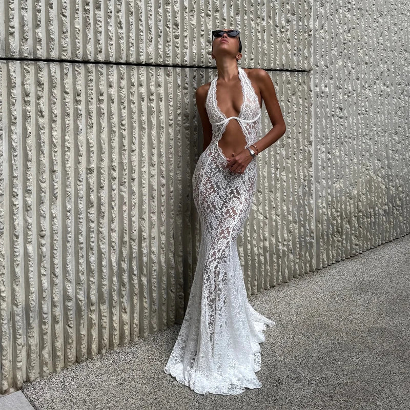 White Lace Hollow Out Halter Long Dress Women Sexy Sleeveless Off Shoulder Slim Maxi Dresses 2026 Lady Holiday Beach Vestidos