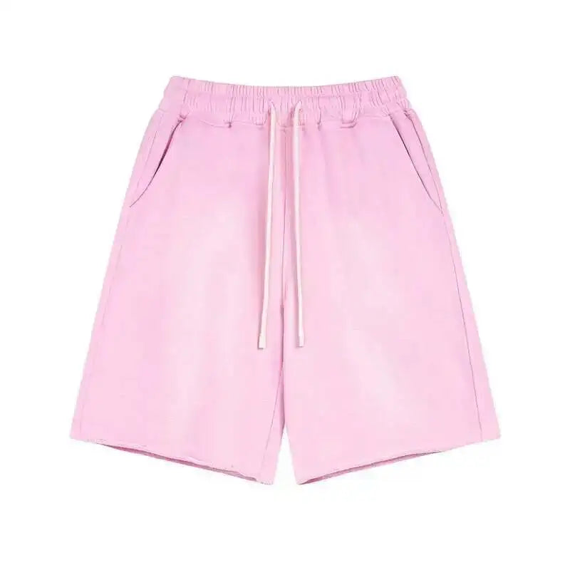 IEFB Spray Dye Washed Male Two-piece Set Light Brushed Short Sleeve T-shirt Elastic Waist Shorts Couple New Fashion Suit