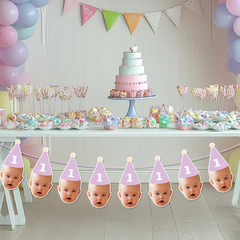 Custom Birthday Party Face Photo Banner with Age Numbers Birthday Hat Pattern Garland Kids 1st Birthday Party Baby Shower Decor
