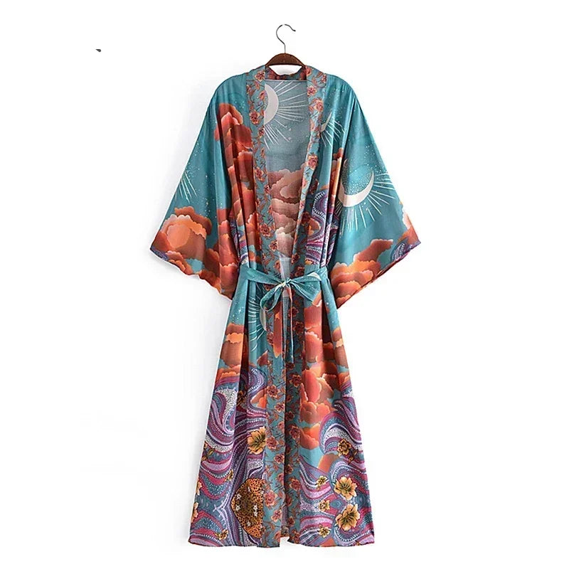 Boho Queens Women Star and Moon Floral Print Bat Sleeve Beach Bohemian Kimono Dresses Robe Ladies Summer Bikini Cover-ups