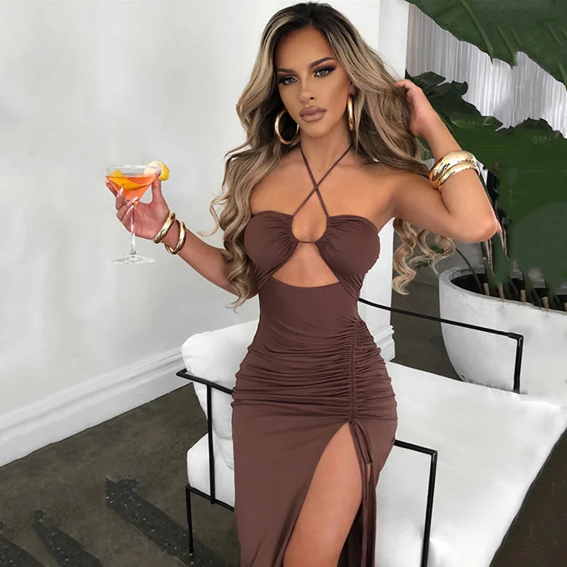 Cryptographic Hot Summer Sexy Halter Backless Sleeveless Cut Out Maxi Dress for Women Elegant Club Party Slit Dresses Vestido