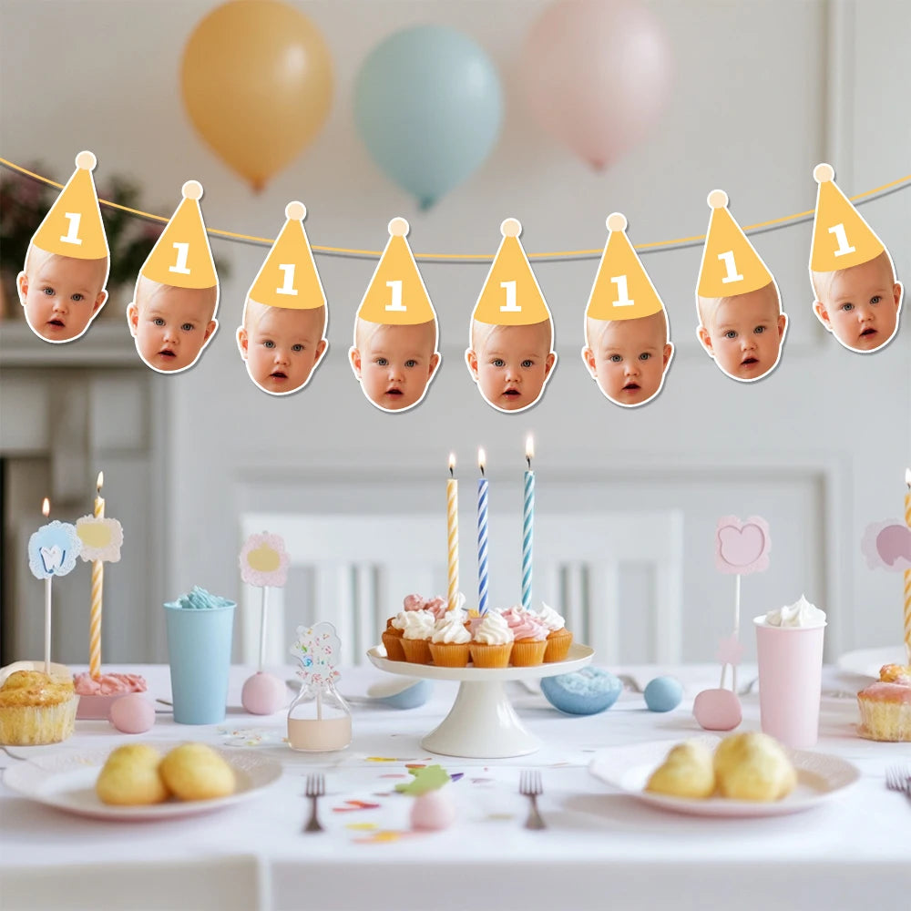 Custom Birthday Party Face Photo Banner with Age Numbers Birthday Hat Pattern Garland Kids 1st Birthday Party Baby Shower Decor