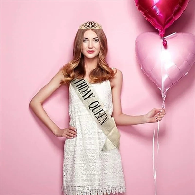 Bling Rhinestone Crystal Crown Birthday Anniversary Decoration Happy Birthday Queen Satin Sash Party Supplies