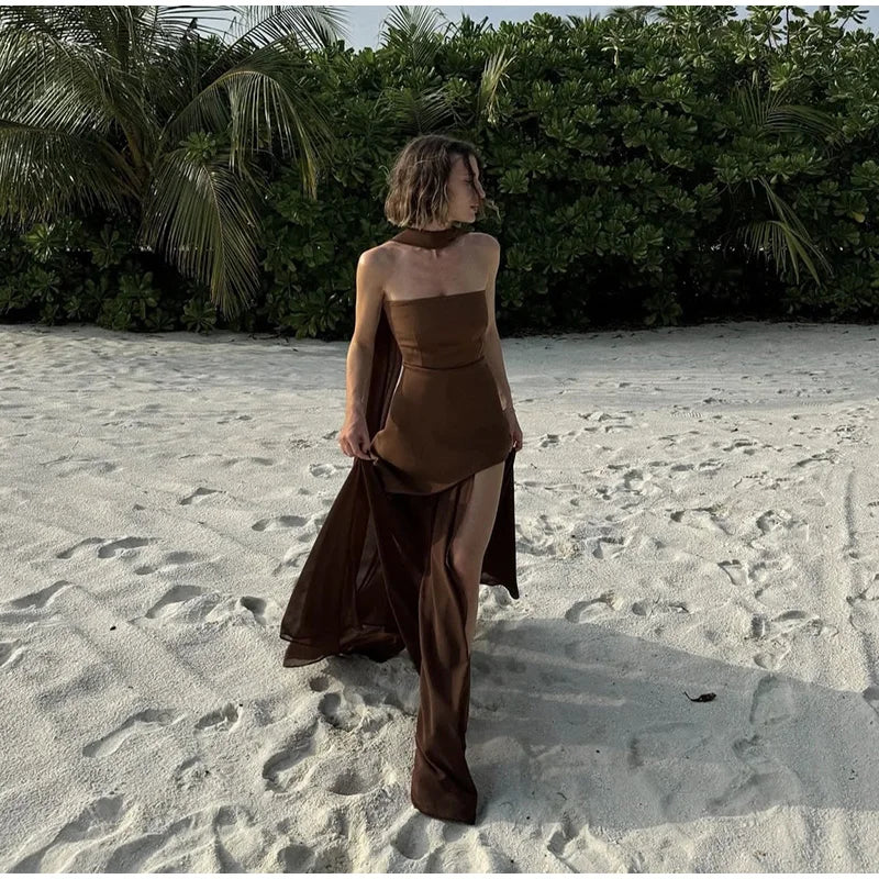 Elegant Strapless Long Dress Women Sexy Patchwork Mesh Sleeveless Sacrf Vestidos Female 2025 Spring Split Evening Dresses Lady