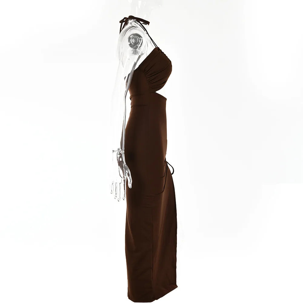 Cryptographic Hot Summer Sexy Halter Backless Sleeveless Cut Out Maxi Dress for Women Elegant Club Party Slit Dresses Vestido