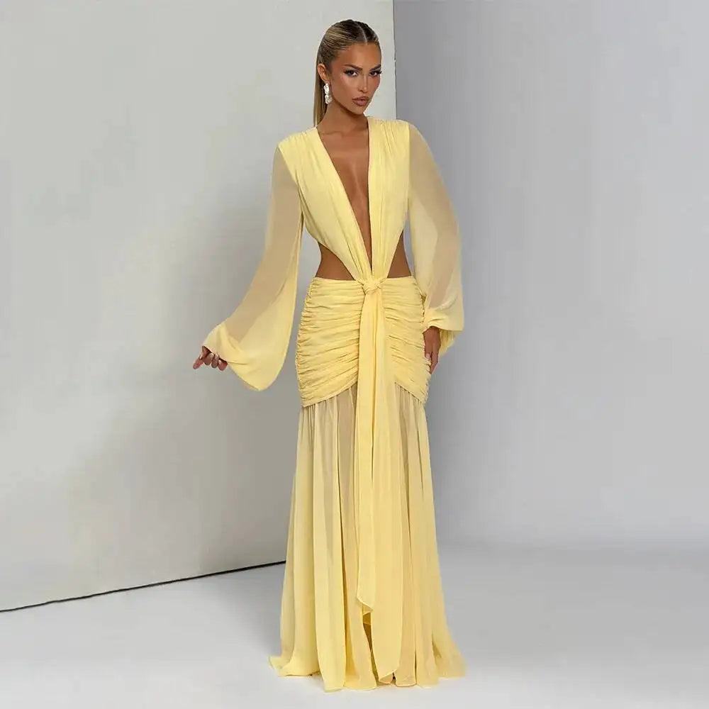 Avrilyaan  Deep V Hollow Chiffon Backless Sexy Party Dress Women 2025 Spring Summer Dress Nightclub Bodycon Maxi Long Dresses